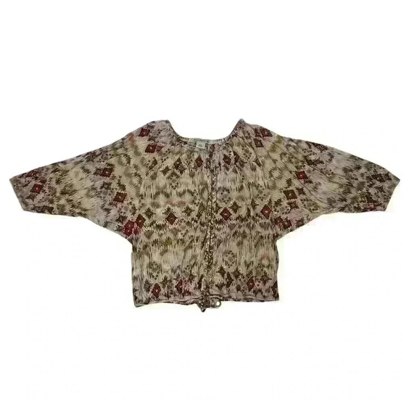 American Rag Womens M Multicolor Boho Button Up Blouse Short Sleeve Elastic Tie - Picture 3 of 10